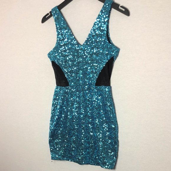 BEBE Turquoise Blue Sequin Dress with Mesh Side Detailing - Picture 2 of 7